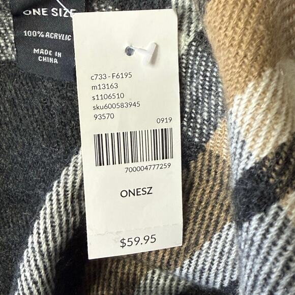 Lane Bryant open front tie waist flannel poncho plaid black white tan One Size - Picture 4 of 5